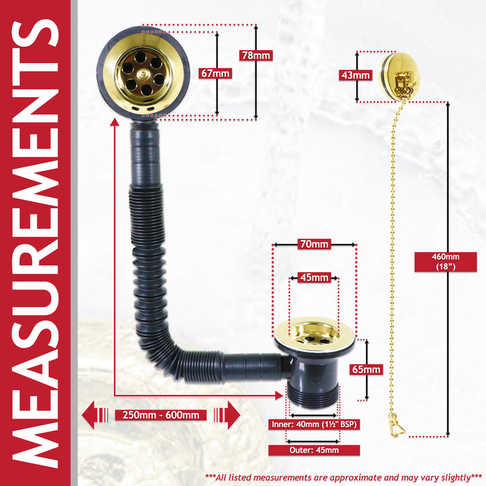 Bath Combination Waste Plug and Chain Luxury Gold Brass Flexible Overflow Pipe Kit (40mm 1 1/2")