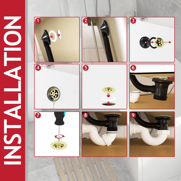 Bath Combination Waste Plug and Chain Luxury Gold Brass Flexible Overflow Pipe Kit (40mm 1 1/2")