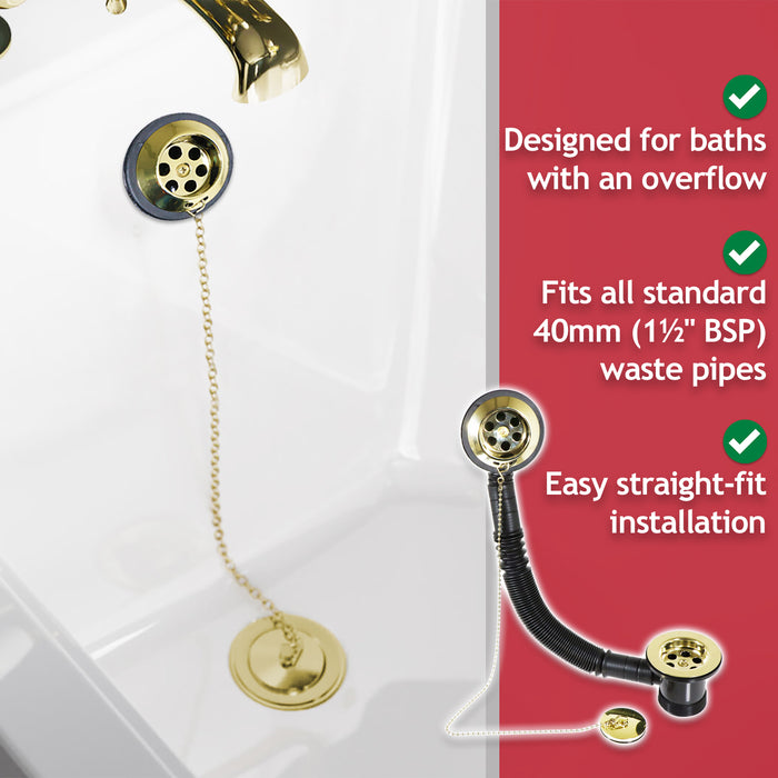 Bath Combination Waste Plug and Chain Luxury Gold Brass Flexible Overflow Pipe Kit (40mm 1 1/2")