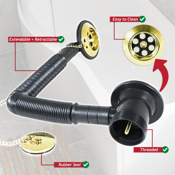 Bath Combination Waste Plug and Chain Luxury Gold Brass Flexible Overflow Pipe Kit (40mm 1 1/2")