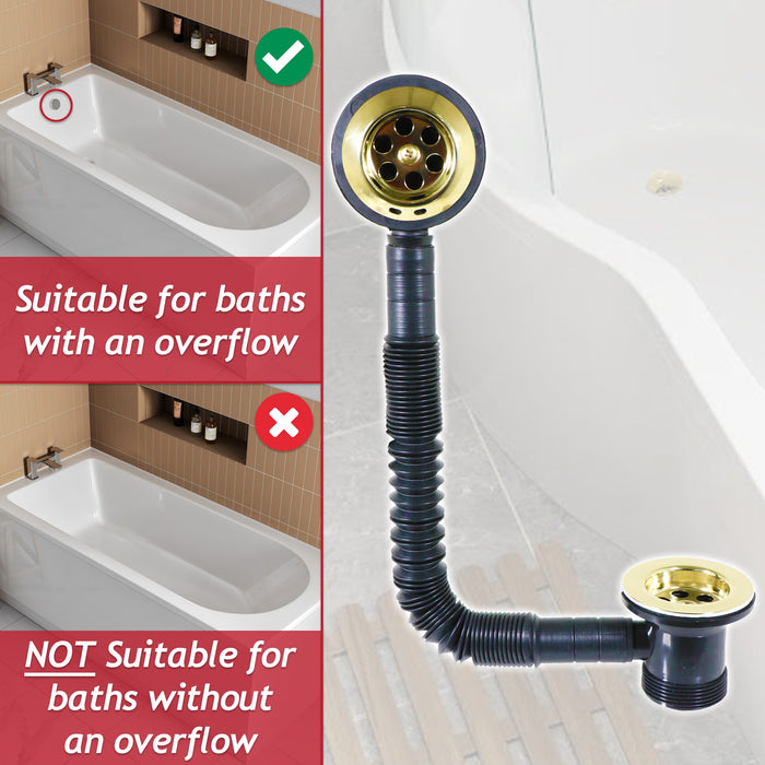 Bath Combination Waste Plug and Chain Luxury Gold Brass Flexible Overflow Pipe Kit (40mm 1 1/2")
