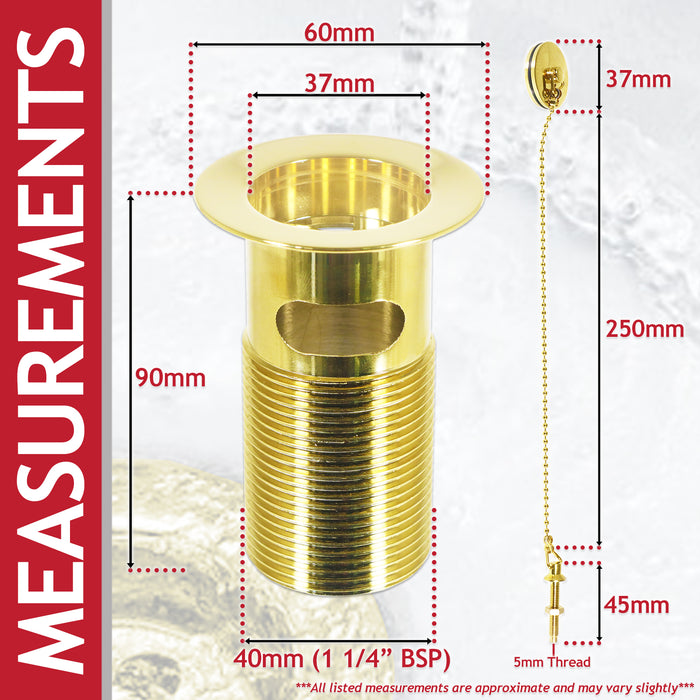 Sink Basin Waste Luxury Slotted Brass Overflow Plug with Chain and Stay (40mm 1 1/4", Gold Finish)