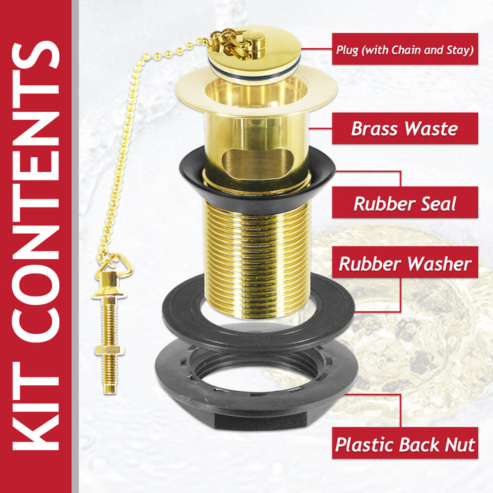 Sink Basin Waste Luxury Slotted Brass Overflow Plug with Chain and Stay (40mm 1 1/4", Gold Finish)
