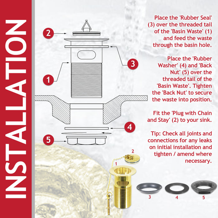 Sink Basin Waste Luxury Slotted Brass Overflow Plug with Chain and Stay (40mm 1 1/4", Gold Finish)