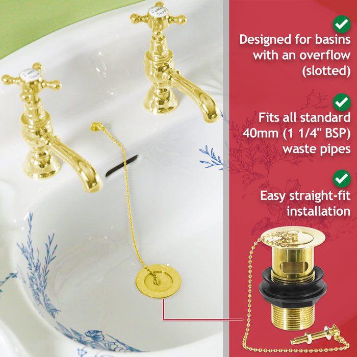 Sink Basin Waste Luxury Slotted Brass Overflow Plug with Chain and Stay (40mm 1 1/4", Gold Finish)