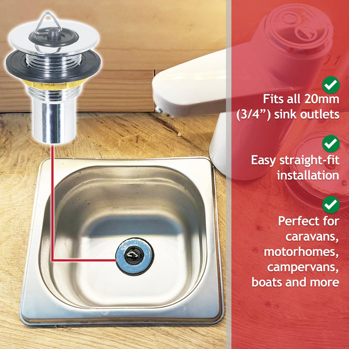 Sink Waste Plug Chrome Brass Caravan Motorhome Campervan Boat Basin Straight Pipe (3/4" 20mm)
