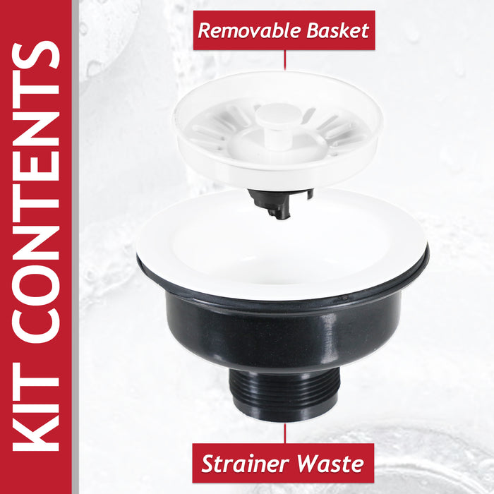 Sink Waste Basket Strainer Plug 1 1/2" BSP Kitchen Bathroom Basin Unit (Gloss White)