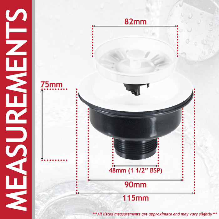 Sink Waste Basket Strainer Plug 1 1/2" BSP Kitchen Bathroom Basin Unit (Gloss White)