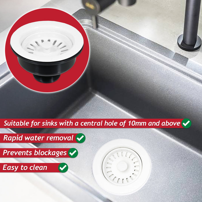 Sink Waste Basket Strainer Plug 1 1/2" BSP Kitchen Bathroom Basin Unit (Gloss White)