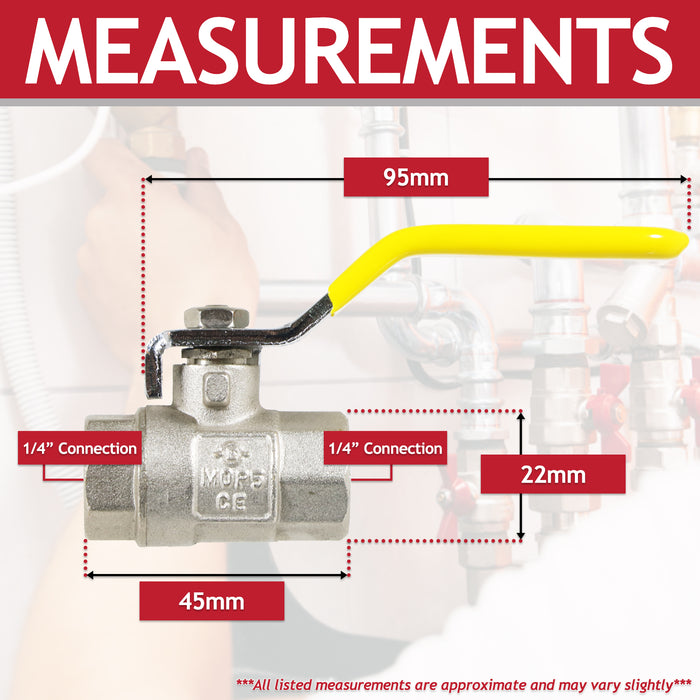 Gas Lever Ball Valve Full Bore PN40 Brass On Off Female x Female Yellow Handle Safety Isolator (1/4")