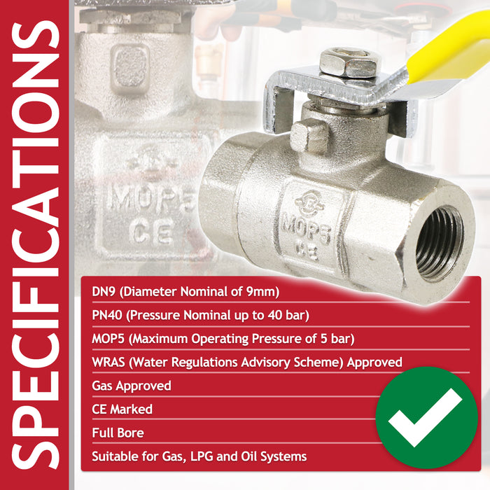 Gas Lever Ball Valve Full Bore PN40 Brass On Off Female x Female Yellow Handle Safety Isolator (1/4")