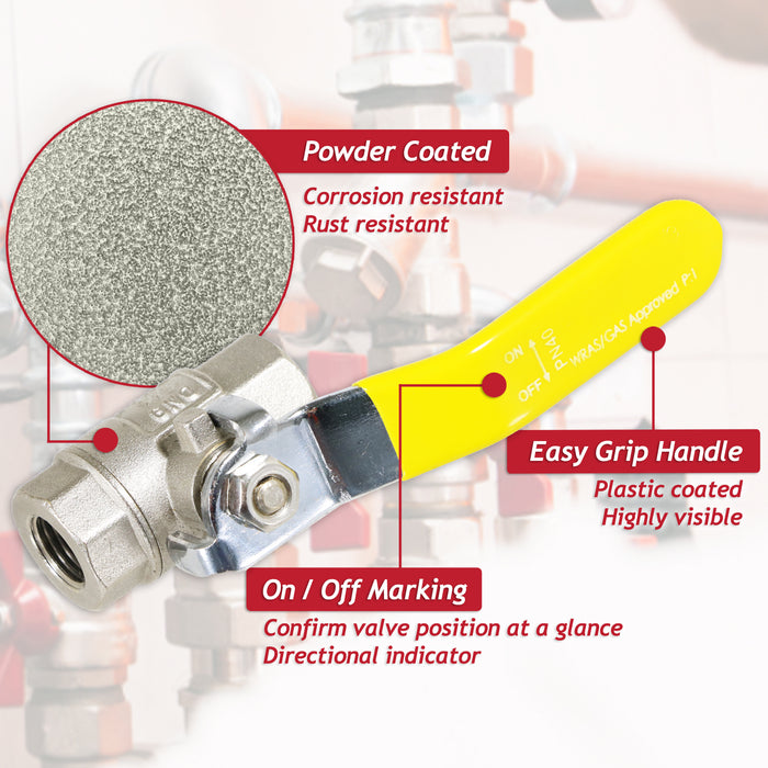 Gas Lever Ball Valve Full Bore PN40 Brass On Off Female x Female Yellow Handle Safety Isolator (1/4")