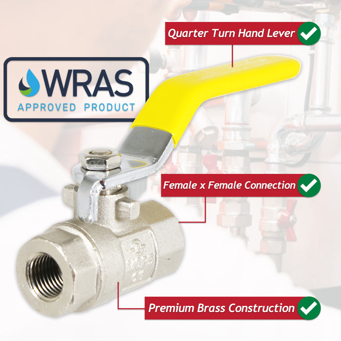 Gas Lever Ball Valve Full Bore PN40 Brass On Off Female x Female Yellow Handle Safety Isolator (1/4")