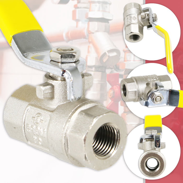 Gas Lever Ball Valve Full Bore PN40 Brass On Off Female x Female Yellow Handle Safety Isolator (1/4")