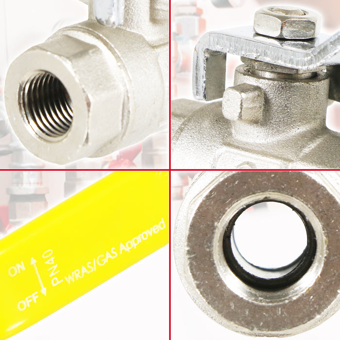 Gas Lever Ball Valve Full Bore PN40 Brass On Off Female x Female Yellow Handle Safety Isolator (1/4")