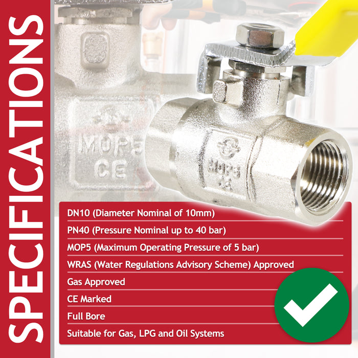 Gas Lever Ball Valve Full Bore PN40 Brass On Off Female x Female Yellow Handle Safety Isolator (3/8")