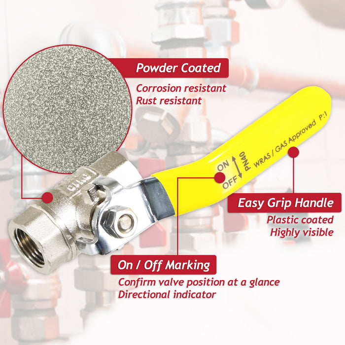 Gas Lever Ball Valve Full Bore PN40 Brass On Off Female x Female Yellow Handle Safety Isolator (3/8")