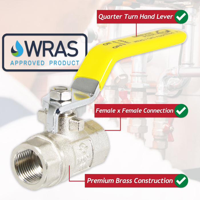 Gas Lever Ball Valve Full Bore PN40 Brass On Off Female x Female Yellow Handle Safety Isolator (3/8")