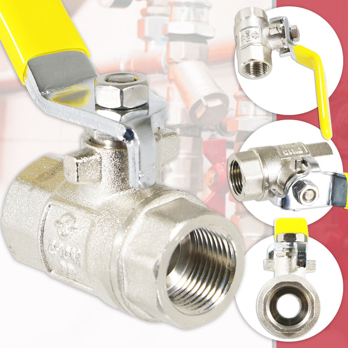 Gas Lever Ball Valve Full Bore PN40 Brass On Off Female x Female Yellow Handle Safety Isolator (3/8")