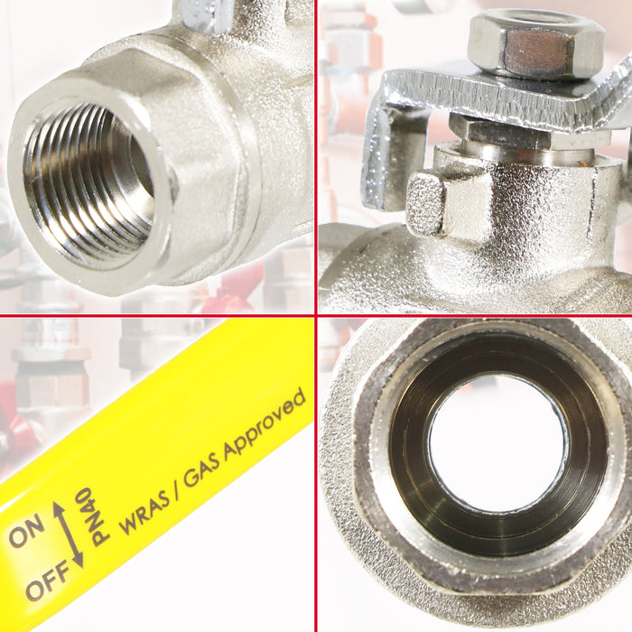 Gas Lever Ball Valve Full Bore PN40 Brass On Off Female x Female Yellow Handle Safety Isolator (3/8")