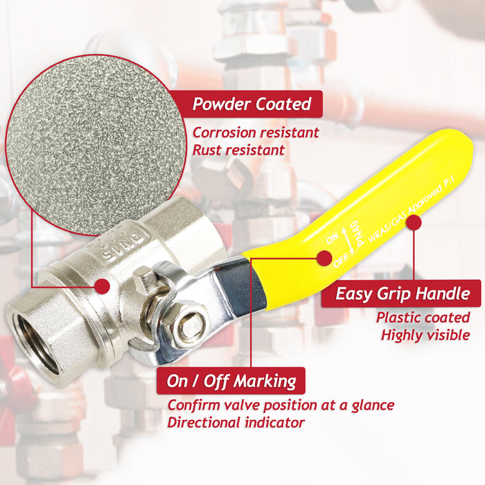 Gas Lever Ball Valve Full Bore PN40 Brass On Off Female x Female Yellow Handle Safety Isolator (1/2")