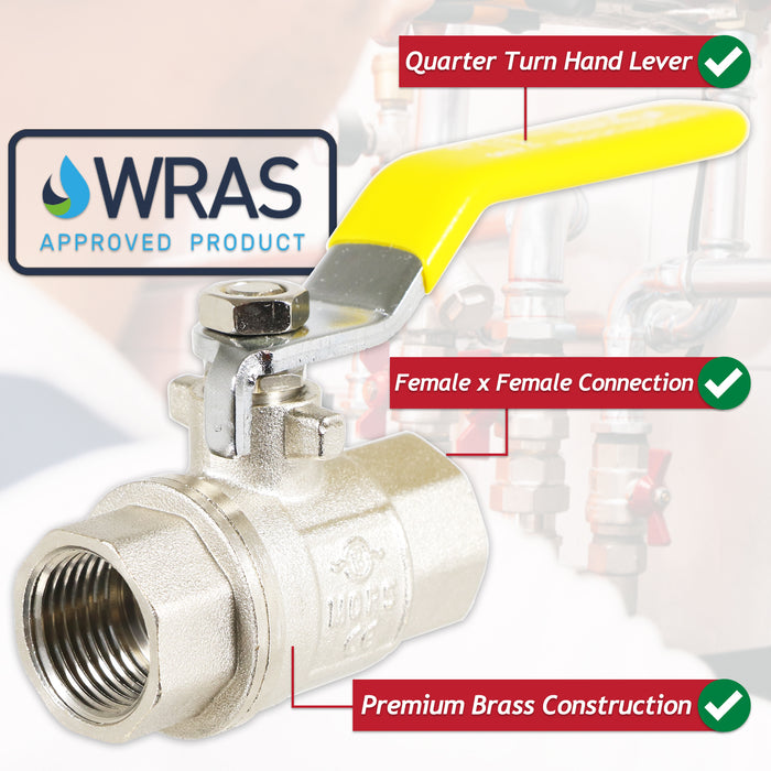 Gas Lever Ball Valve Full Bore PN40 Brass On Off Female x Female Yellow Handle Safety Isolator (1/2")
