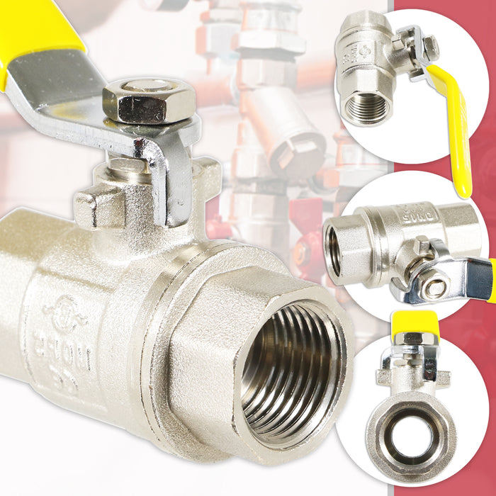 Gas Lever Ball Valve Full Bore PN40 Brass On Off Female x Female Yellow Handle Safety Isolator (1/2")