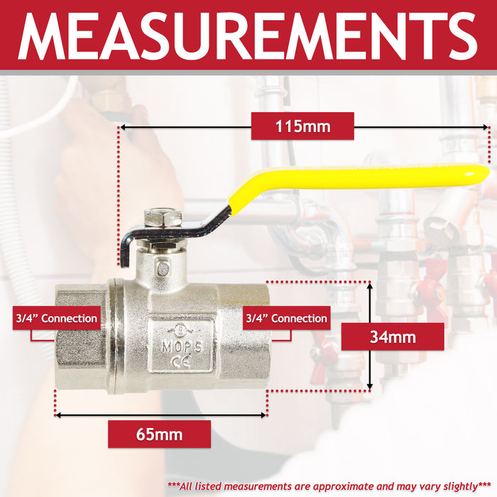 Gas Lever Ball Valve Full Bore PN40 Brass On Off Female x Female Yellow Handle Safety Isolator (3/4")