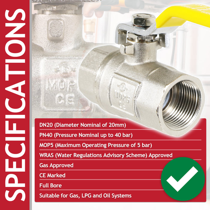 Gas Lever Ball Valve Full Bore PN40 Brass On Off Female x Female Yellow Handle Safety Isolator (3/4")