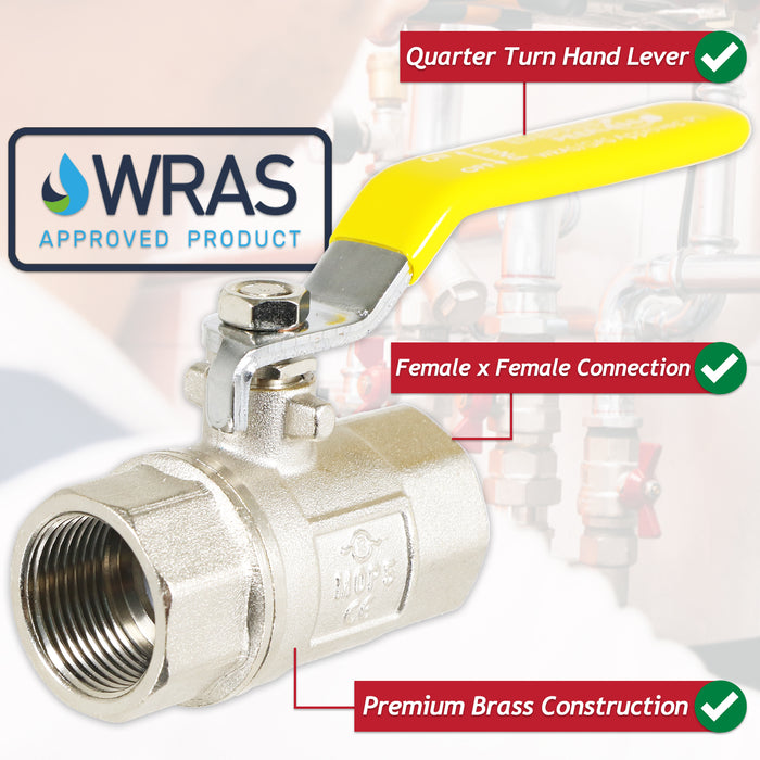 Gas Lever Ball Valve Full Bore PN40 Brass On Off Female x Female Yellow Handle Safety Isolator (3/4")