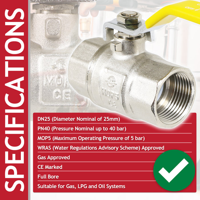 Gas Lever Ball Valve Full Bore PN40 Brass On Off Female x Female Yellow Handle Safety Isolator (1")