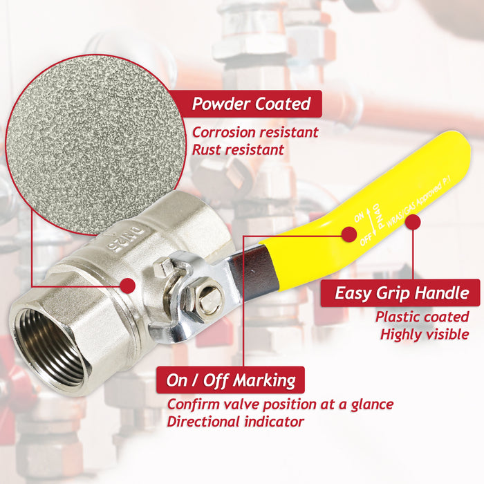 Gas Lever Ball Valve Full Bore PN40 Brass On Off Female x Female Yellow Handle Safety Isolator (1")