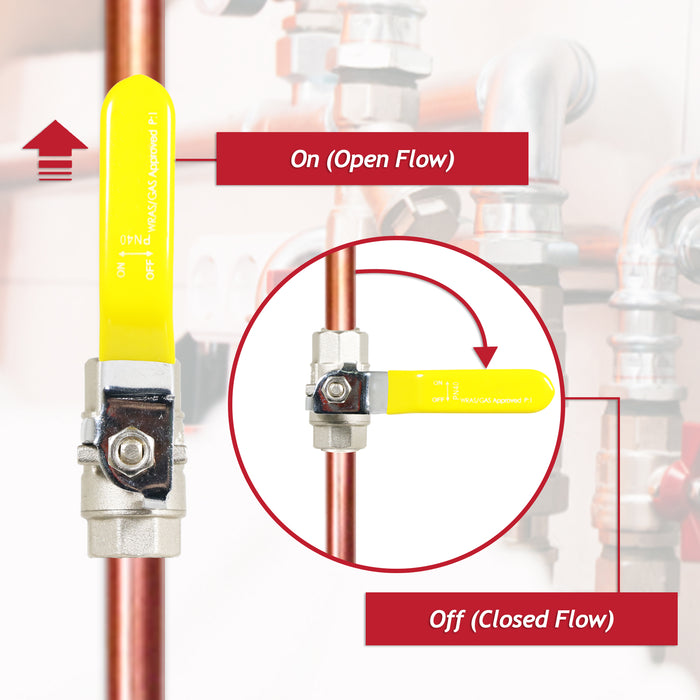 Gas Lever Ball Valve Full Bore PN40 Brass On Off Female x Female Yellow Handle Safety Isolator (1")