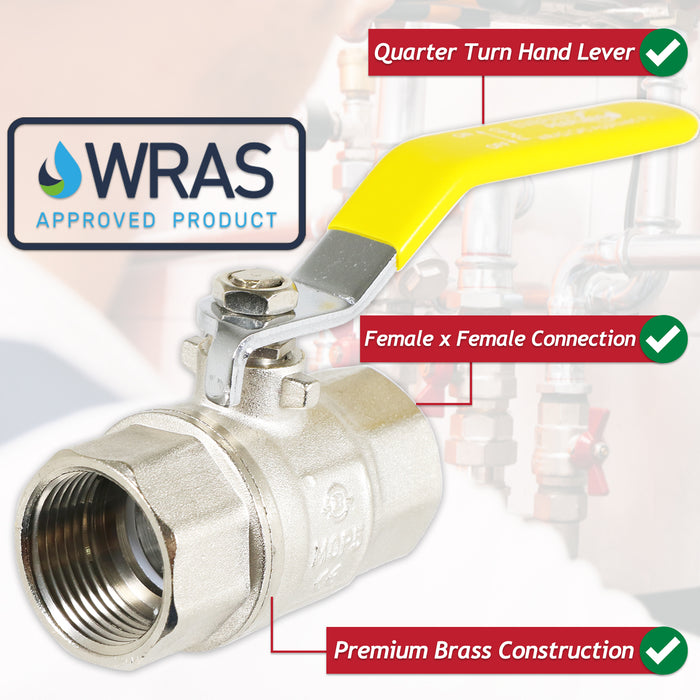 Gas Lever Ball Valve Full Bore PN40 Brass On Off Female x Female Yellow Handle Safety Isolator (1")