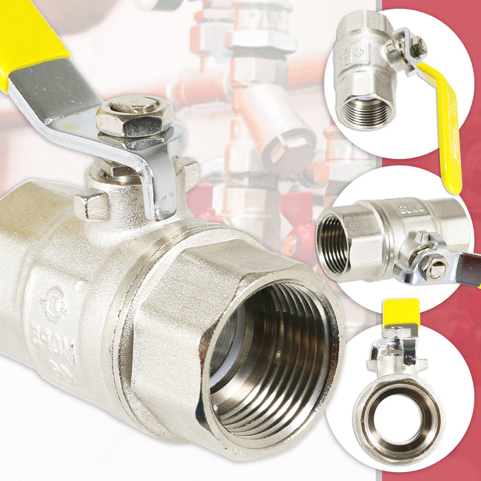 Gas Lever Ball Valve Full Bore PN40 Brass On Off Female x Female Yellow Handle Safety Isolator (1")