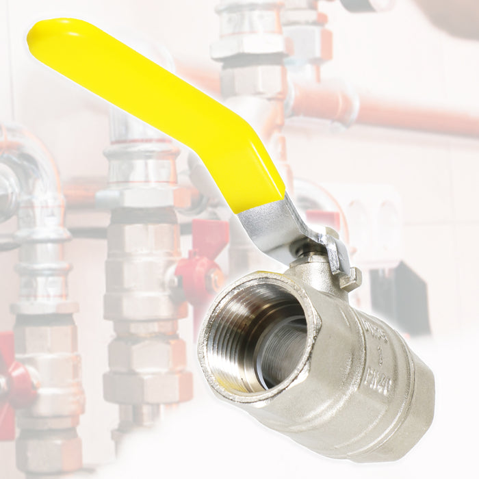 Gas Lever Ball Valve Full Bore PN40 Brass On Off Female x Female Yellow Handle Safety Isolator (1")