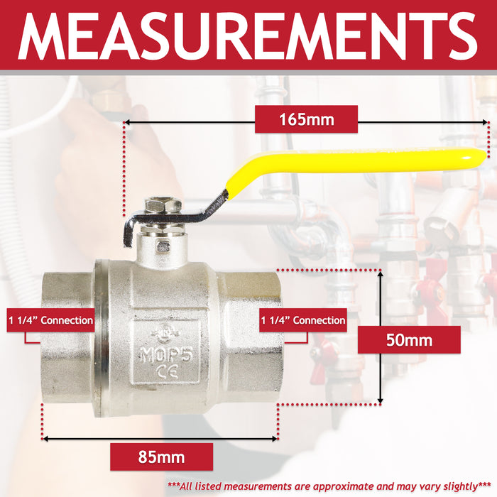 Gas Lever Ball Valve Full Bore PN40 Brass On Off Female x Female Yellow Handle Safety Isolator (1 1/4")