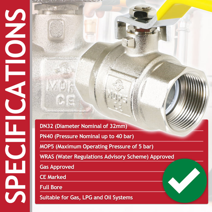 Gas Lever Ball Valve Full Bore PN40 Brass On Off Female x Female Yellow Handle Safety Isolator (1 1/4")