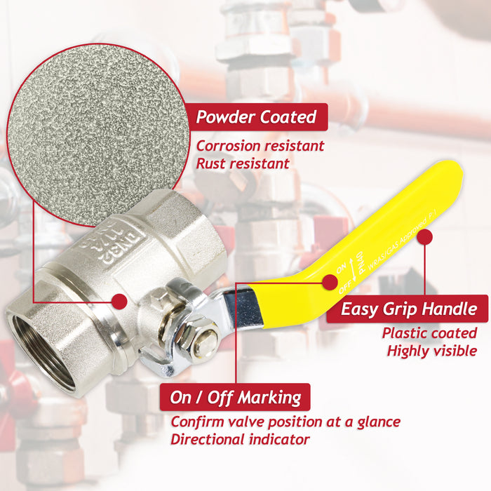 Gas Lever Ball Valve Full Bore PN40 Brass On Off Female x Female Yellow Handle Safety Isolator (1 1/4")