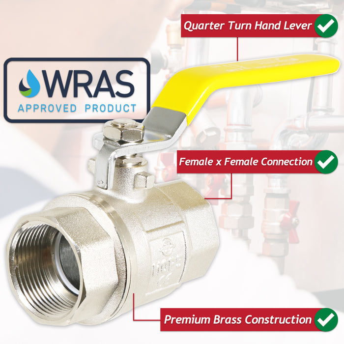 Gas Lever Ball Valve Full Bore PN40 Brass On Off Female x Female Yellow Handle Safety Isolator (1 1/4")