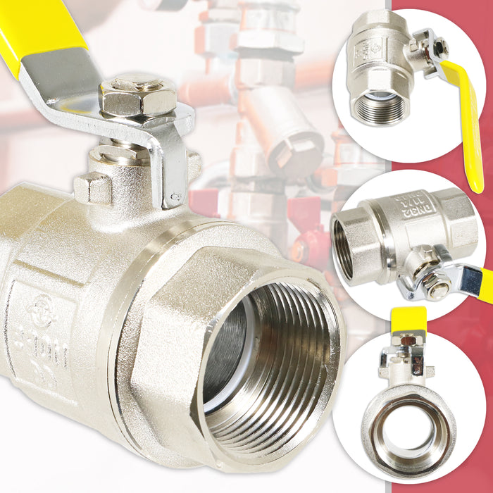 Gas Lever Ball Valve Full Bore PN40 Brass On Off Female x Female Yellow Handle Safety Isolator (1 1/4")