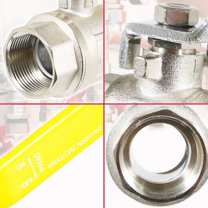 Gas Lever Ball Valve Full Bore PN40 Brass On Off Female x Female Yellow Handle Safety Isolator (1 1/4")