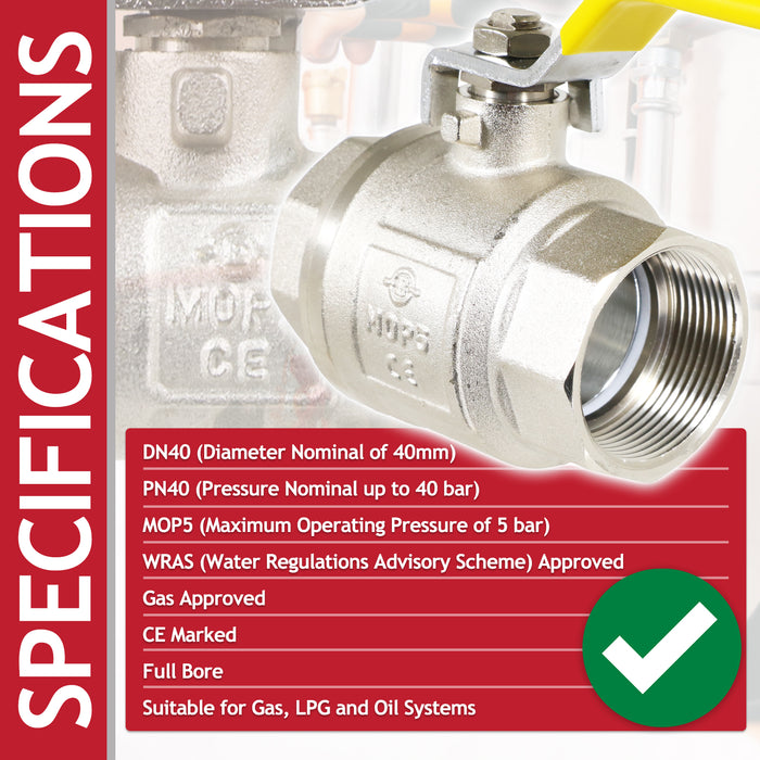 Gas Lever Ball Valve Full Bore PN40 Brass On Off Female x Female Yellow Handle Safety Isolator (1 1/2")