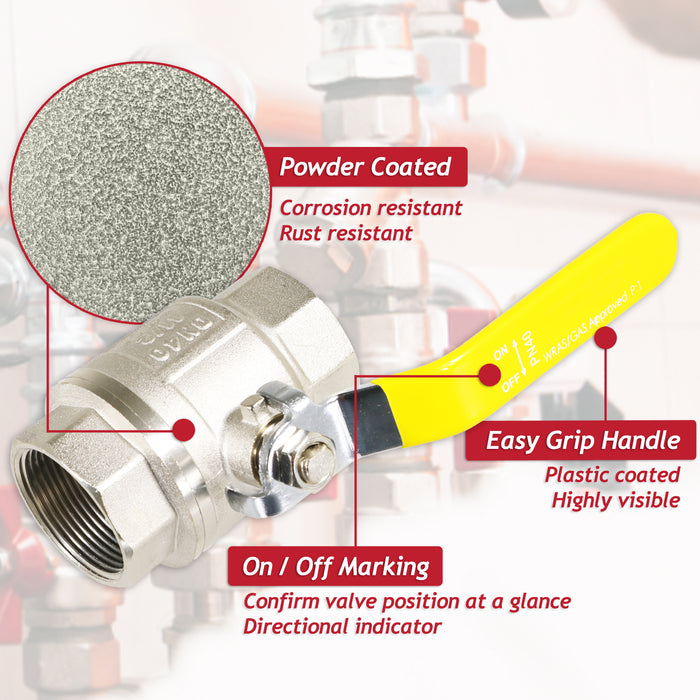 Gas Lever Ball Valve Full Bore PN40 Brass On Off Female x Female Yellow Handle Safety Isolator (1 1/2")