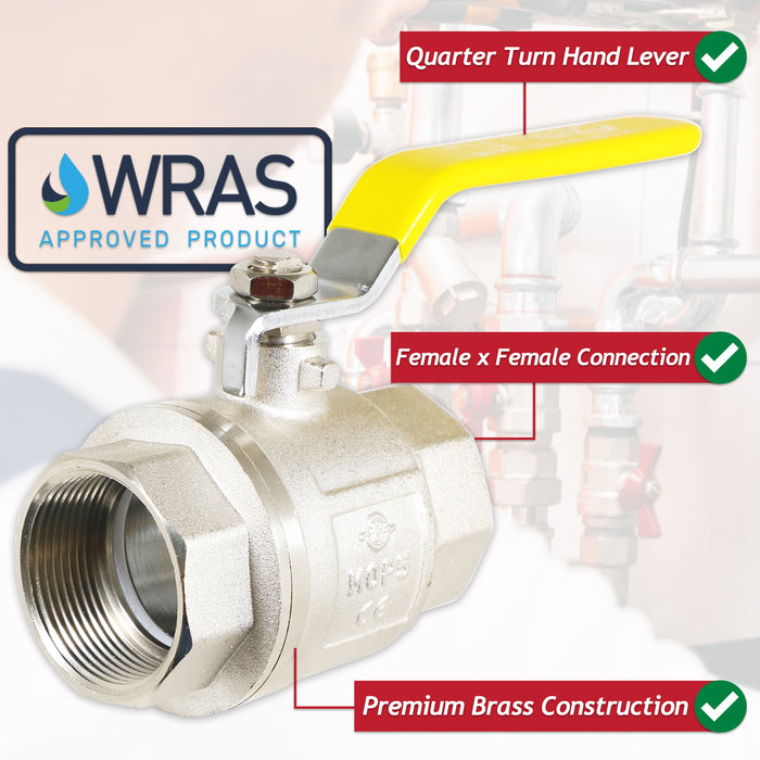 Gas Lever Ball Valve Full Bore PN40 Brass On Off Female x Female Yellow Handle Safety Isolator (1 1/2")