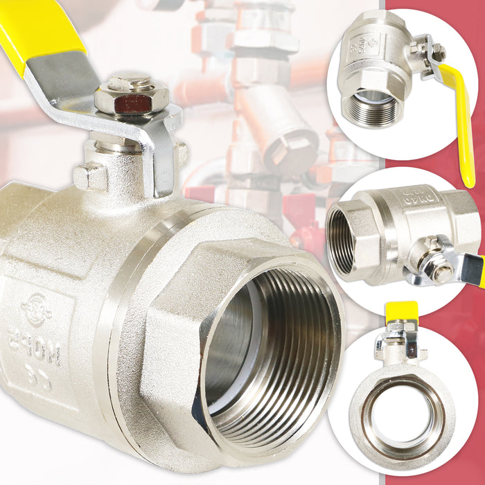 Gas Lever Ball Valve Full Bore PN40 Brass On Off Female x Female Yellow Handle Safety Isolator (1 1/2")