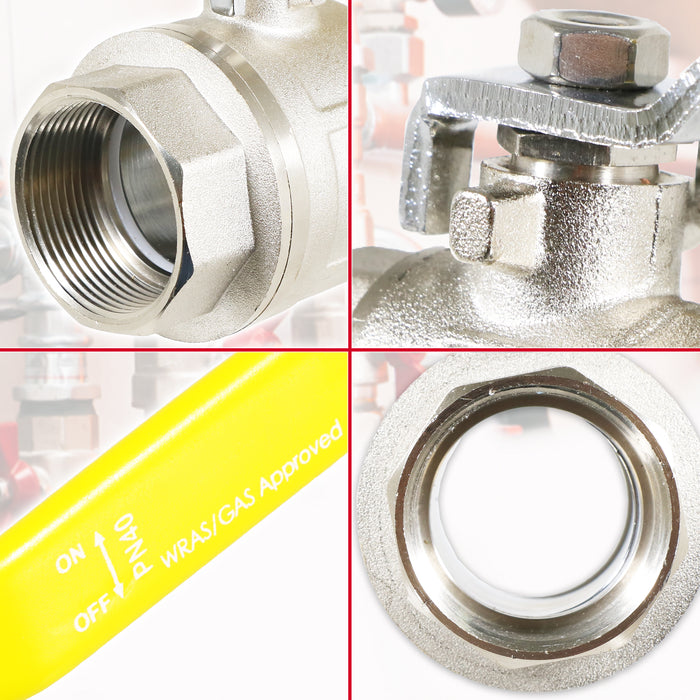 Gas Lever Ball Valve Full Bore PN40 Brass On Off Female x Female Yellow Handle Safety Isolator (1 1/2")
