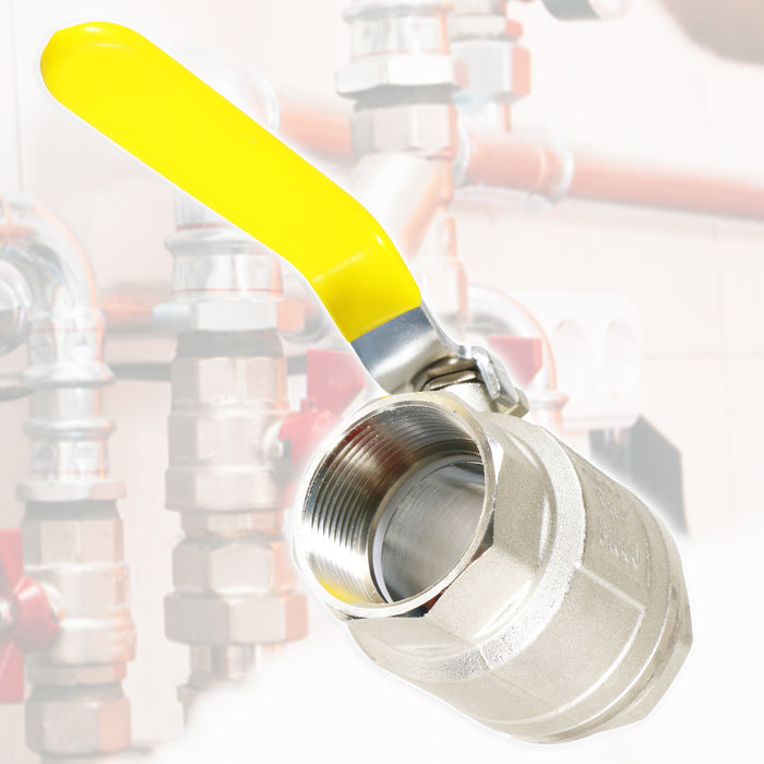 Gas Lever Ball Valve Full Bore PN40 Brass On Off Female x Female Yellow Handle Safety Isolator (1 1/2")