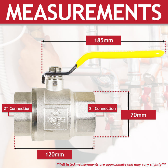 Gas Lever Ball Valve Full Bore PN40 Brass On Off Female x Female Yellow Handle Safety Isolator (2")
