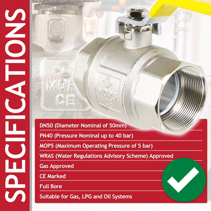 Gas Lever Ball Valve Full Bore PN40 Brass On Off Female x Female Yellow Handle Safety Isolator (2")